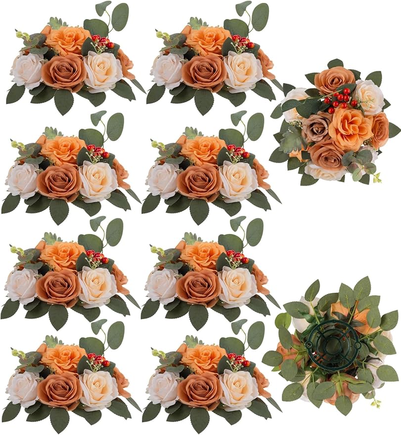 BLOSMON Terracotta Flowers for Wedding Centerpieces: 10 Pcs Artificial Rose Flower Balls Table Decorations - Fall Fake Silk Kissing Floral Arrangements for Home Party Event DIY Decor