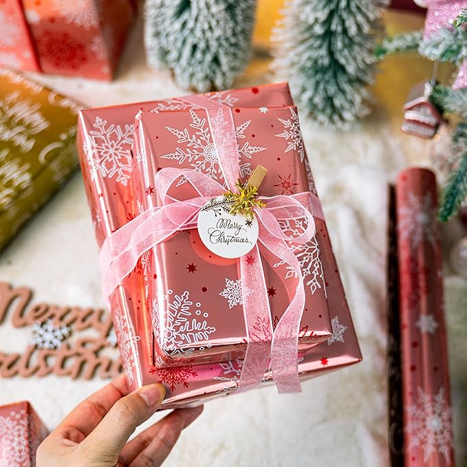 MAYPLUSS Pink Christmas Wrapping Paper Roll - 17IN X 33FT - Christmas Gift Wrapping Paper Featuring White Snowflake Reversible Gold for Kids, Holiday, New Year