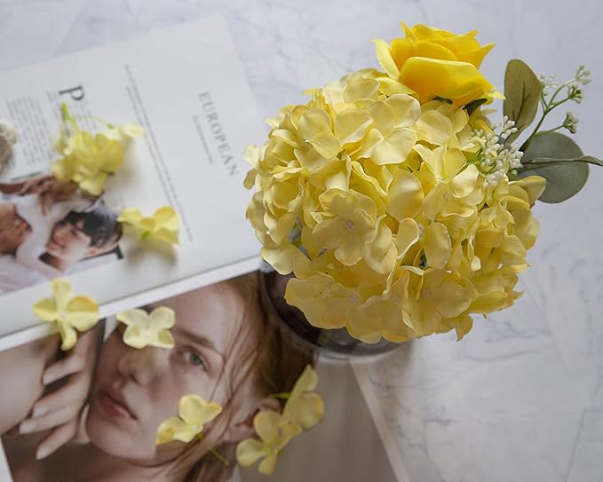 DuHouse Hydrangea Silk Flowers Artificial Flowers with Stem Fake Flower Heads for Wedding Centerpiece Home Decor Pack of 6 (Yellow)