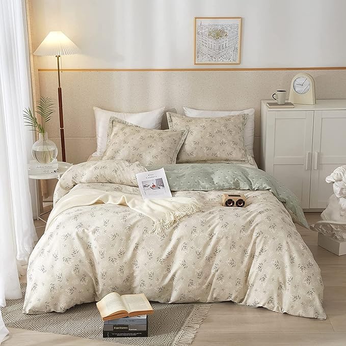 LifeTB Boho Floral Duvet Cover Twin Kids Girl Garden Style Bedding Sets 100% Cotton White Beige Sage Green Floral Branches Pattern Comforter Cover Lightweight Soft Chic Floral Bedding Collection