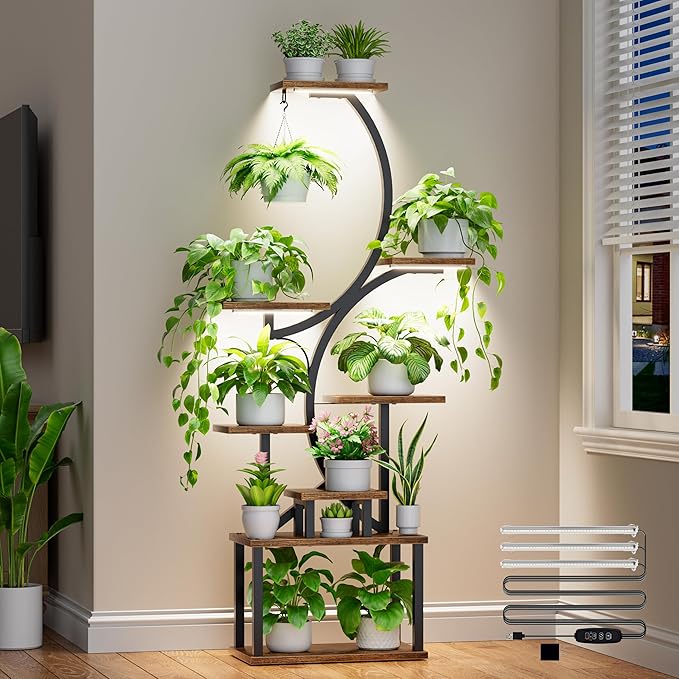 Plant Stand with Grow Lights for Indoor Plants, 8-Tiered Tall Corner Plant Shelf with Full Spectrum Light, S-Shaped Space-Saving Narrow Flower Holder, Anti-Tip for Living Room Bedroom Office, Brown