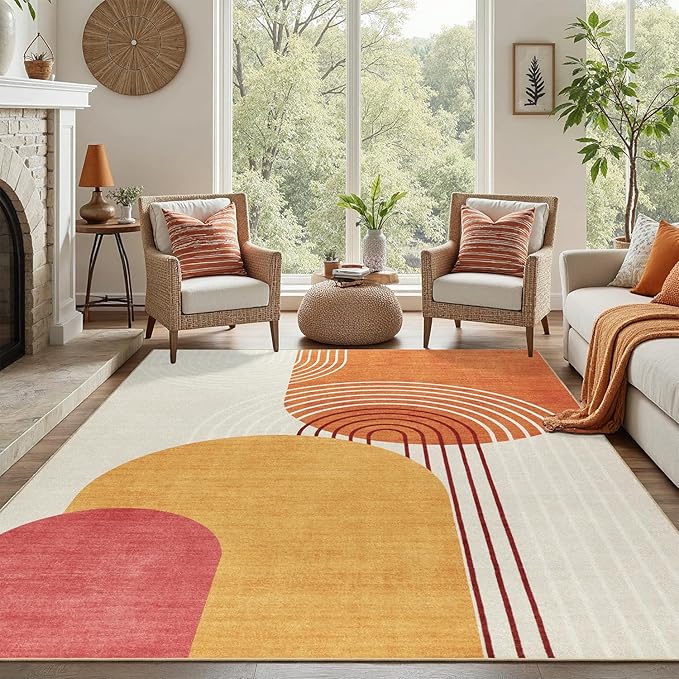 DCX Abstract Machine Washable 9x12 Rug, Mid Century Modern Rug for Living Room, Soft Low Pile Non Slip Carpet, Kid & Pet Friendly Stain Resistant Rug for Bedroom Dining Room Office, Orange & Yellow