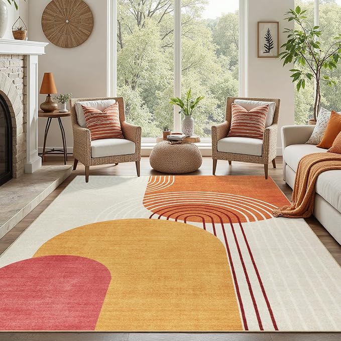 DCX Abstract Machine Washable 8x10 Rug, Mid Century Modern Rug for Living Room, Soft Low Pile Non Slip Carpet, Kid & Pet Friendly Stain Resistant Rug for Bedroom Dining Room Office, Orange & Yellow