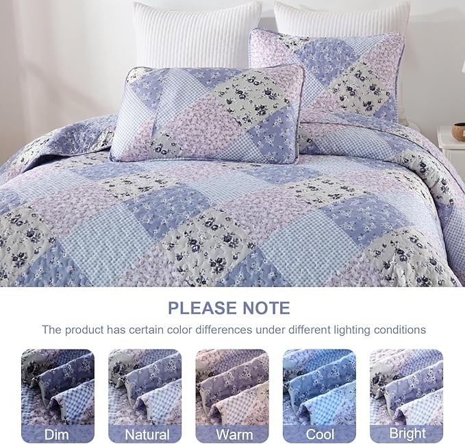 Dinjoy Lavender Quilt Set Queen Size, Reversible Floral Plaid Patchwork Pattern Bedding Set Soft Microfiber Lightweight Bedspread Coverlet 3 Piece Spring Summer Use (90x96inches)