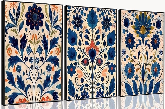 3 Pcs Blue Boho Flower Canvas Wall Art, Floral Painting Poster Wall Decor,Wildflower Botanical Picture for Wall Living Room Bathroom Bedroom Home Decoration 12 * 16 in (Poster no Framed)