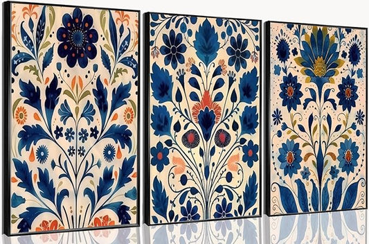 3 Pcs Blue Boho Flower Canvas Wall Art, Floral Painting Poster Wall Decor,Wildflower Botanical Picture for Wall Living Room Bathroom Bedroom Home Decoration 12 * 16 in (Poster no Framed)