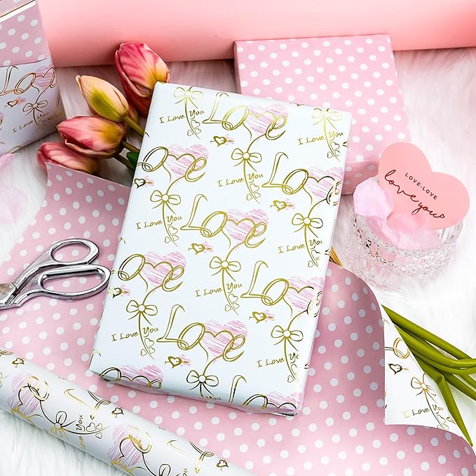 Yarcony Reversible Wedding Wrapping Paper, Heart Themed Gift Wrapping Paper, Creative Love & Bow Print Valentine's Day Gift Wrap for Girls, Women Birthday,Mother's Day, Anniversary(17 Inch X 33 Feet)