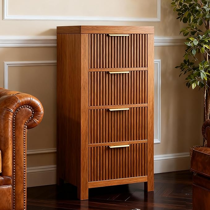 4-Drawer Modern Solid Wood Dresser with Fluted Front & Gold Handles, Multifunctional Tall Storage Chest, for Hallway, Entryway, Walnut Oak