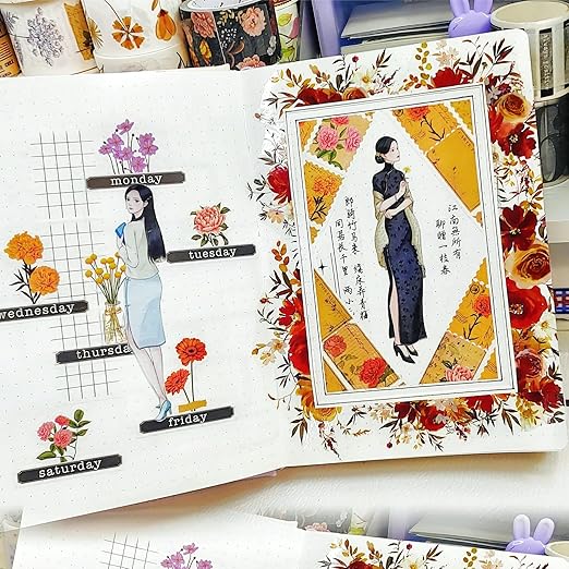 WT Seasonal Splendor Washi Tape Sticker Set, 5 Rolls, Original Designs, Vintage Watercolor Floral Design, Adhesive Stickers for Junk Journals, Scrapbooks, Bujo, Planners, DIY Crafts