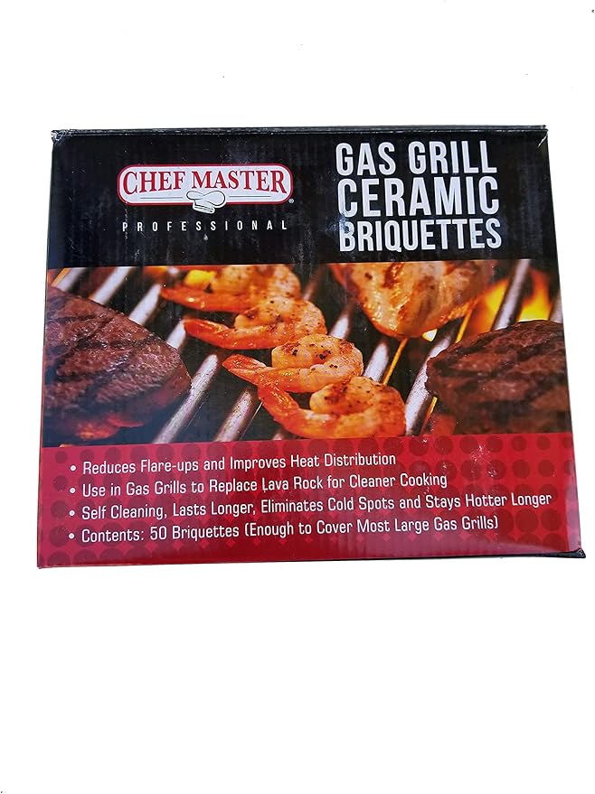 Chef Master Ceramic Briquettes for Gas Grill (50 Pack) - Replacement for Lava Rocks - Self Cleaning Gas Grill Briquettes for BBQ - Cleaner Cooking, Reduce Flare Ups, Better Heat Distribution - 05004CM