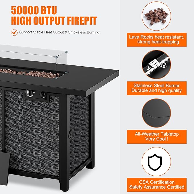 Shintenchi Propane Fire Pits 43″ Outdoor Gas Fire Pit, 50,000 BTU Rectangle Gas Fire Pit Table with Lava Rocks, 2-in-1 Fire Table with Removable Lid, CSA-Certified for Outside Patio,Parties,Backyard