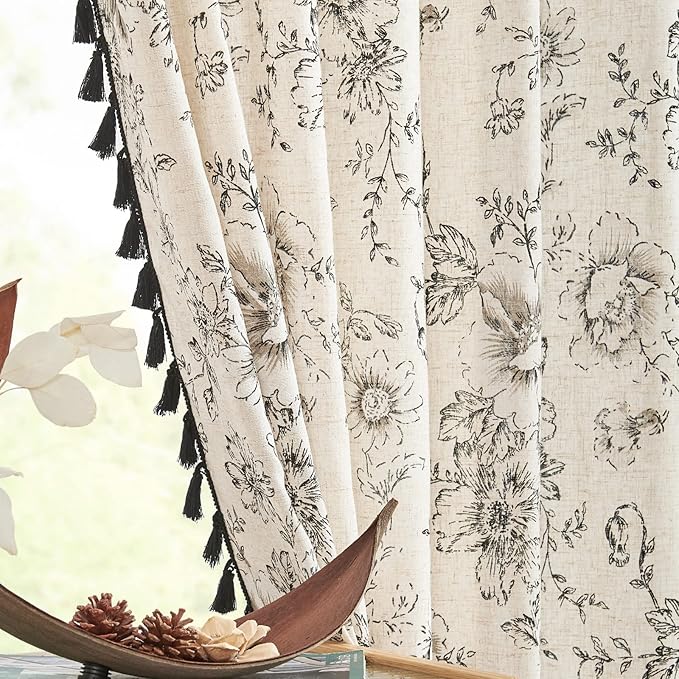 JINCHAN Linen Blend Floral Curtains for Living Room & Bedroom - 84 Inch Long Printed Curtains with Tassels & Rod Pocket - Farmhouse Rustic Peony Flower Patterned Drapes - 2 Panels