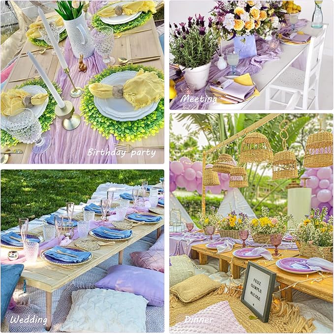 12 Pack 10Ft Cheesecloth Table Runner 35x120 Inch Boho Gauze Table Runner Cheese Cloth Long Table Runner Romantic Table Runner for Wedding Bridal Shower Birthday Party Table Decor (Light Purple)