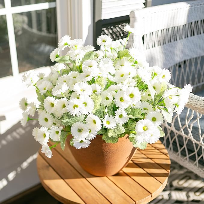 HyeFlora Dahlia Artificial Flowers for Outdoors Winter Decoration, 6 Bundles Fake Daisy White Faux Flowers Plants Realistic UV Resistant Silk Flowers for Outside Planter Front Door Yard Garden