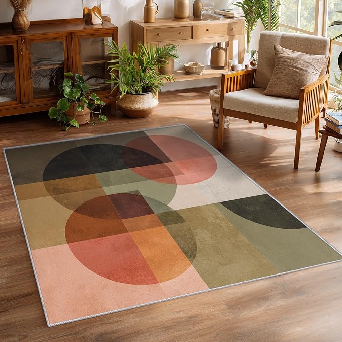 Mid Century Modern Rugs for Home Decor, 4x5 ft, Abstract Geometric Area Rugs for Living Room, Soft Non Slip Washable Retro Geo Circles MCM Carpet Bedroom Decorations D-1g
