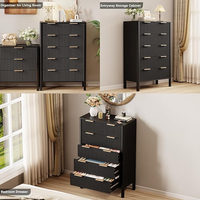 47" Tall Dressers for Bedroom Fluted 5 Drawer Dresser, Wooden Dresser Modern Chest of Drawers Dressers with Organizer Storage for Bedroom, Living Room, Entryway, Black