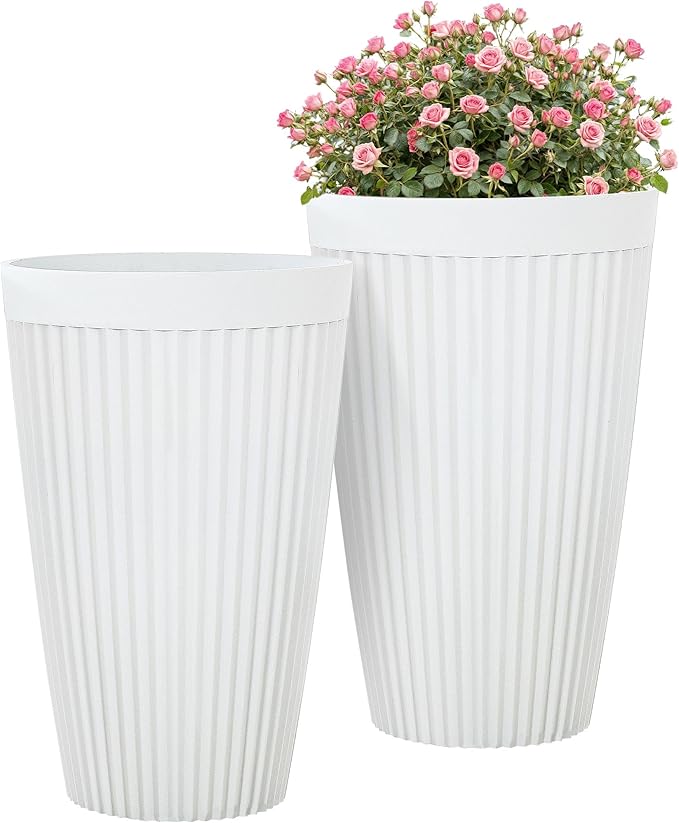 20" Tall Planters Set of 2, High-Density Resin Fluted Outdoor Pots for Plants, Versatile Indoor/Outdoor Flower Pots w/Drainage Holes for Patio, Garden, Porch & Living Room Decor, Ideal Gift