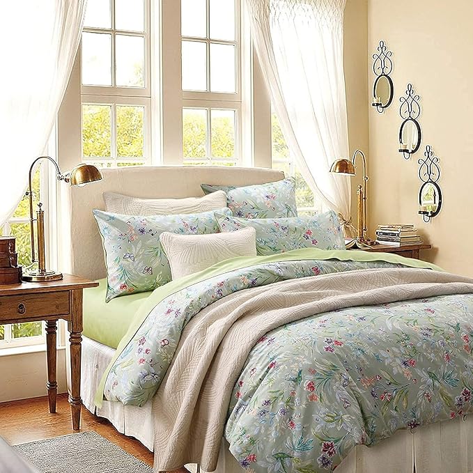 Brandream Floral Bedding Duvet Quilt Comforter Cover King Size Watercolor Butterfly Flower Farmhouse Country 100% Soft Egyptian Cotton 1 Duvet Cover and 2 Pillowcases Green Summer Bedding, 3 Pieces