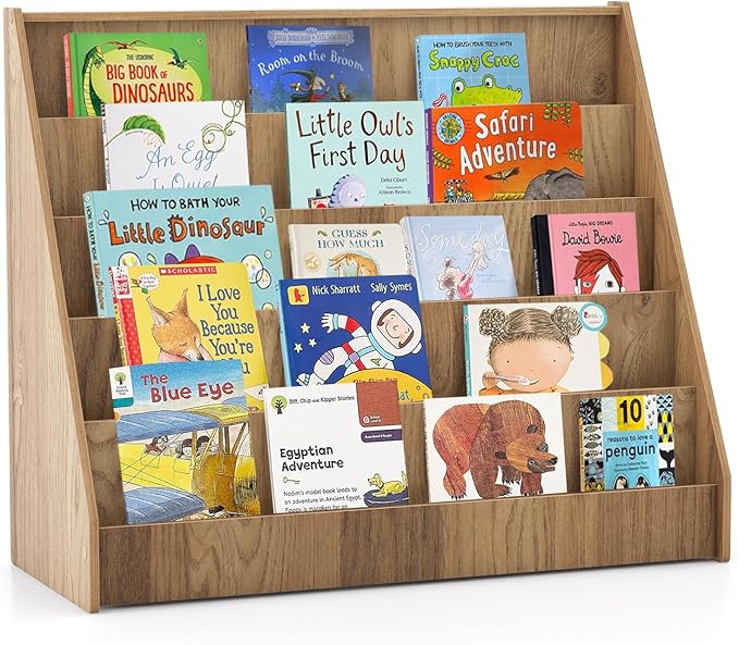 HONEY JOY Kids Bookshelf, 5-Tier Wooden Toddler Bookcase, Children Book Rack & Magazine Display Shelf, Toy Storage Organizer, Book Shelf for Kids Rooms, Playroom, Nursery, Classroom (Natural)