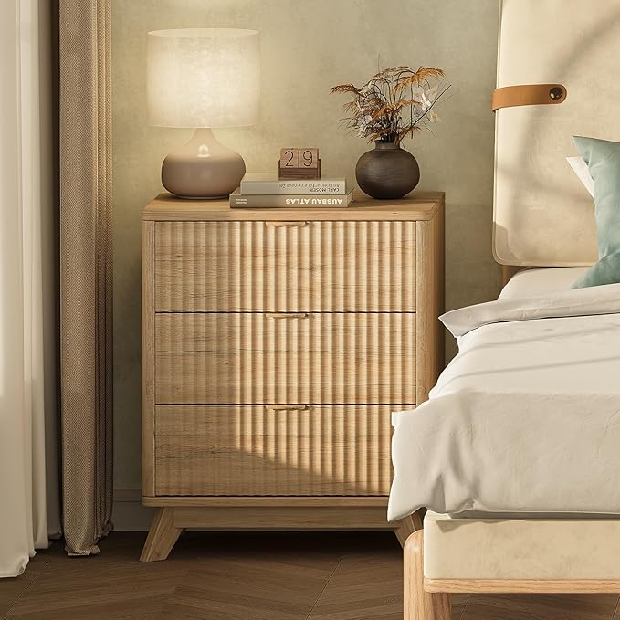 30" Tall Fluted NightStand Set of 2,Modern Side Table with Storage, 3 Drawers End Table with Charging Station,Night Stand Wood Bedside Tables for Bedroom,Curved Profile Design,Natural Oak