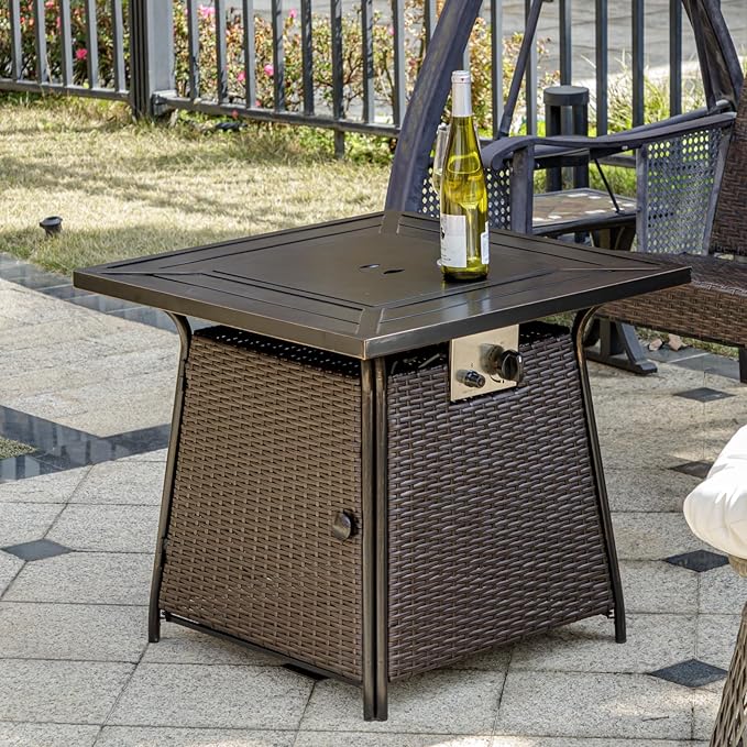 OutVue 28 inch Wicker Propane Fire Pit Table,Gas Fire Pits Table for Outside,50000 BTU Propane Firepit with Lid &Lava Rocks,Gas Firepit for Garden,Yard (Brown Rattan)