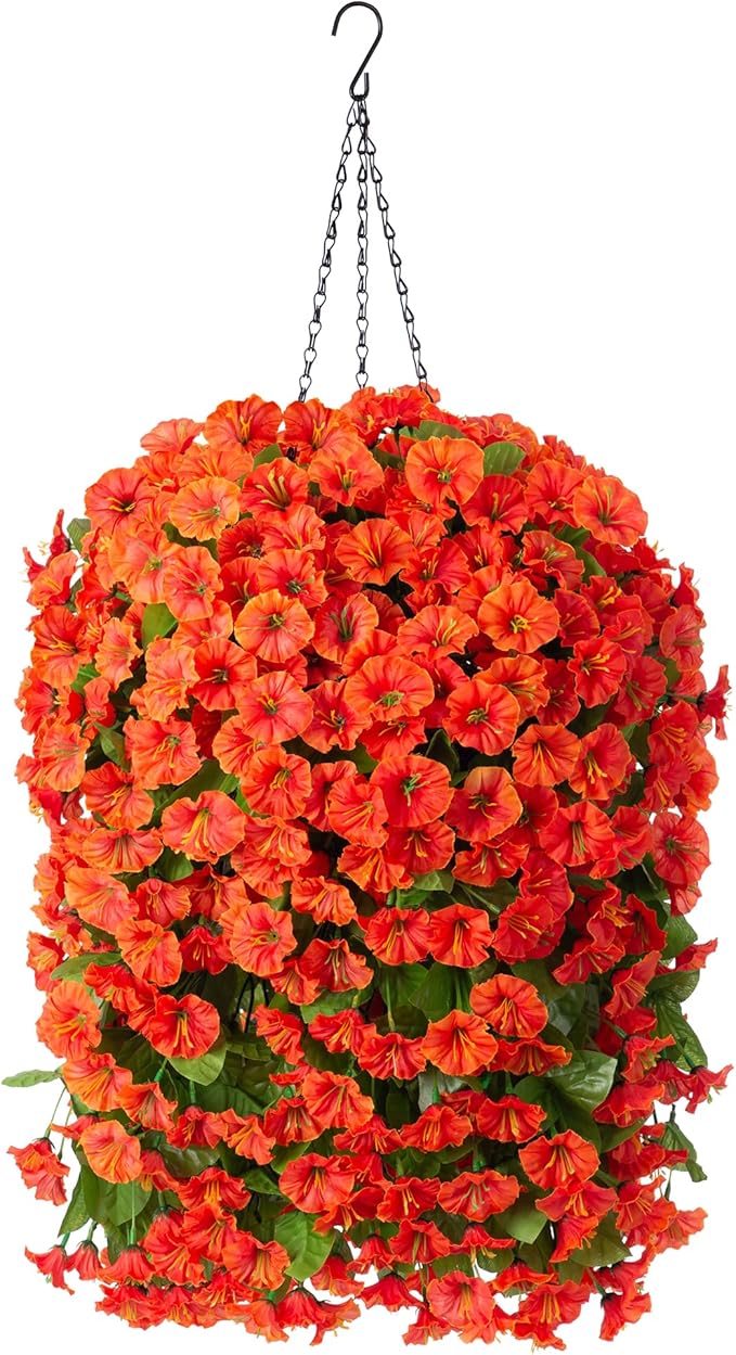 HyeFlora Artificial Fake Hanging Flowers Plants Baskets for Outdoor Decoration, Faux Silk Orange Morning Glory in Planter UV Resistant Look Real for Home Porch Patio Balcony Yard Decor