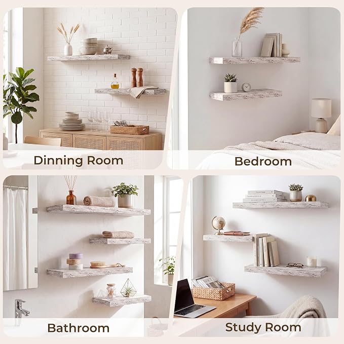 RICHFOCUS 8 Inch Floating Shelves for Wall Small Square Shelves Set for Plant|Bedroom|Kitchen|Bathroom Rustic Wood Wall Mounted Shelf with Invisible Brackets for Books|Storage|Decor, Rustic White