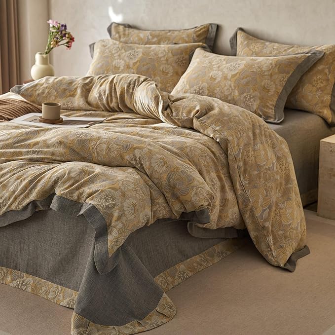 EAVD Vintage Style Yellow Floral Duvet Cover Full Soft 100% Muslin Cotton Yarn-Dyed Jacquard Textured Bedding Set with 2 Pillowcases Linen Like Gauze Botanical Duvet Cover with Zipper Closure