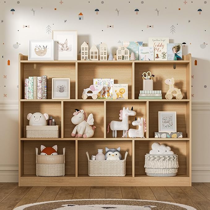 Oak Bookshelf, Wood Bookcase with 3 Tier Open Shelves, 10-Cube Minimalist Storage Shelf for Living Room, Bedroom, 55.1" W x 42.5" H