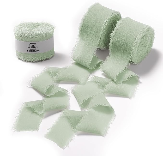 DORIS HOME Sage Green Chiffon Ribbon for Flower Bouquet, 1" x21Yd Fabric Ribbon for Gift Wrapping, Handmade Frayed Ribbon for Wedding Invitations/Christmas Decorations