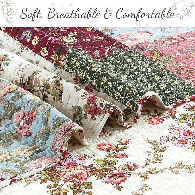 Cozy Line Home Fashions 100% Cotton Authentic Patchwork Quilt Bedding Set, Floral Vintage Antique Chic Reversible Coverlet Bedspread (Harvest, Queen - 3 Piece)