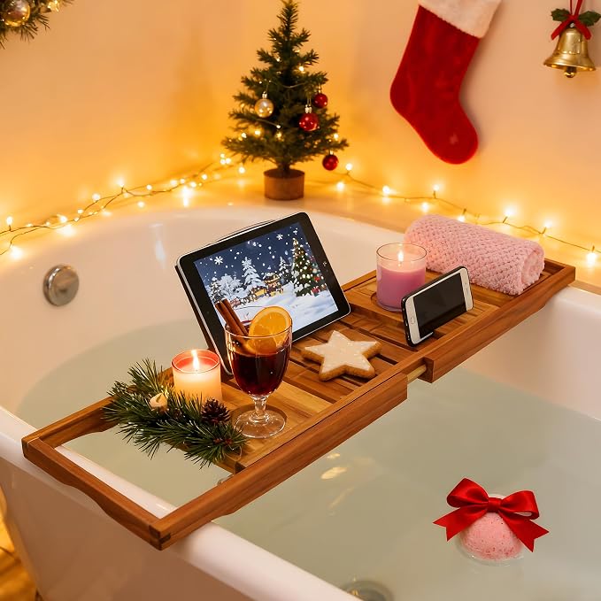 Utoplike Teak Bathtub Caddy Tray Bath Tray for Tub, Unique Bathtub Organizer with Book Tablet Wine Glass Cup Towel Holder, Adjustable, for Your Loved