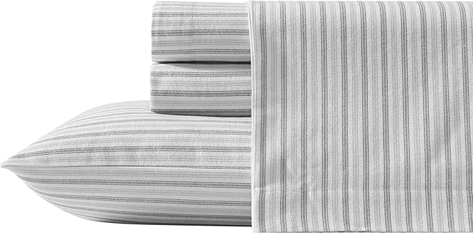 Eddie Bauer - Full Bed Sheets, Cotton Flannel Bedding Set with Matching Pillowcases, Brushed for Extra Softness, Deep Pocket, Oeko-Tex Certified (Ticking Stripe Grey)