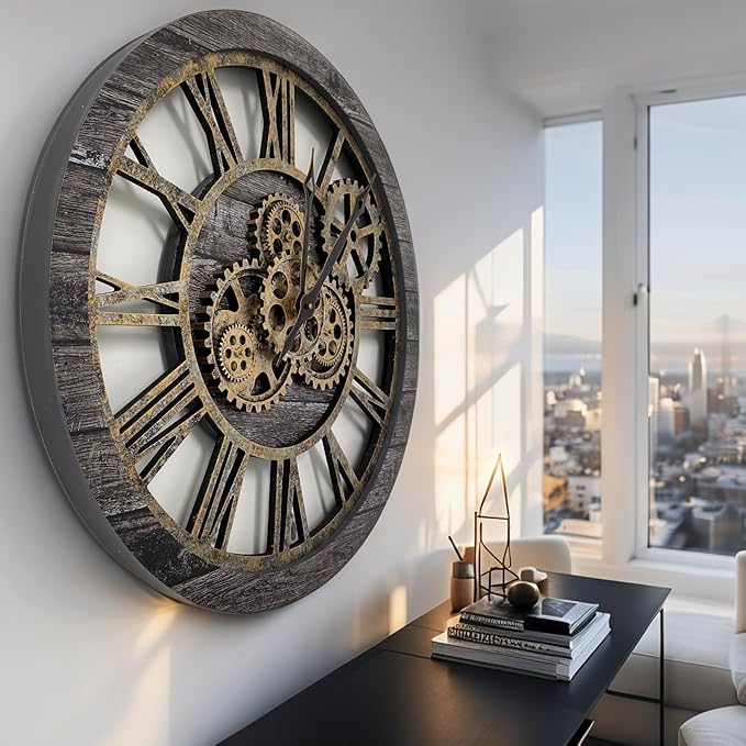 ImprovingLife The Gears Clock The Original Real Moving Gear Wall Clock Vintage Industrial Oversized Rustic Farmhouse (24 inch (60cm), Vintage Carbon Grey and Bronze)