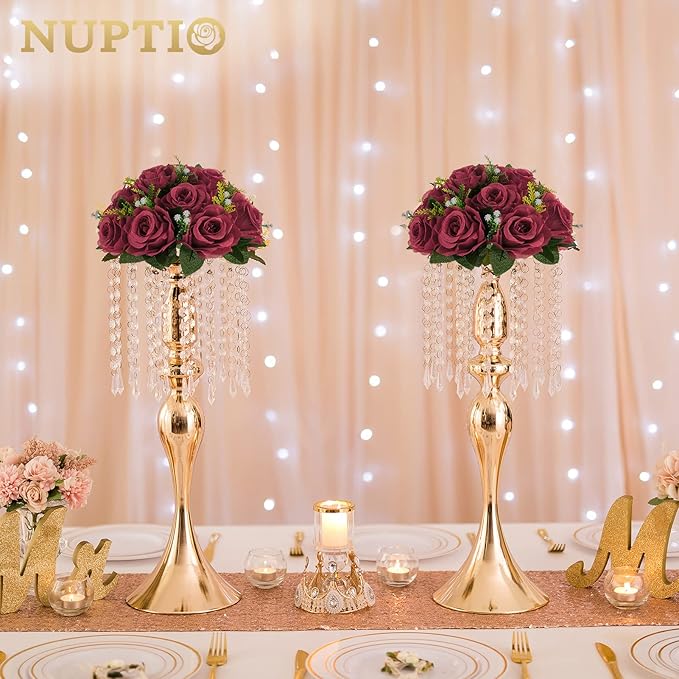 NUPTIO Flower Ball Arrangement Bouquet - 2 Pcs 9.5 inch Diameter Crimson Fake Flowers Roses Balls for Centerpieces Tables - Artificial Rose Arrangements for Wedding Centerpiece Table Decorations