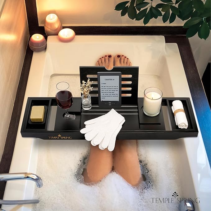 Temple Spring Bamboo Bathtub Tray Caddy for Tub — Expandable Wood Bath Tray with Solid Book Stand Wine Holder and Non-Slip Pads — Includes Bamboo Soap Dish and Spa Accessories — Luxury Bath Gift Set