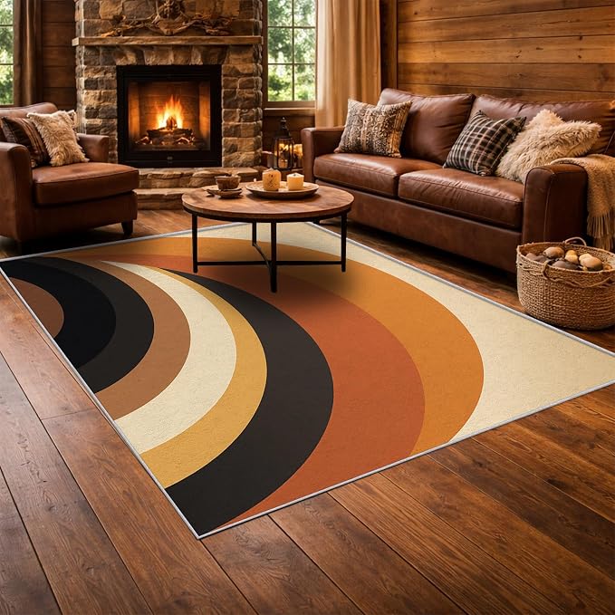 Mid Century Modern Area Rug 7x10, Washable Non-Slip Low Pile Retro Rainbow Rug for Living Room Bedroom Home Office, Abstract Boho Carpet in Terracotta Camel Cream and Black