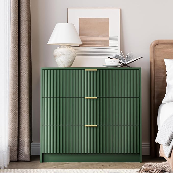 3-Piece Dresser Bedroom Set, 9 Drawer Dresser & 3 Drawer Nightstands with Gold Handles, Fluted Wood Chest of Drawers for Bedroom, Living Room, Entryway, Green