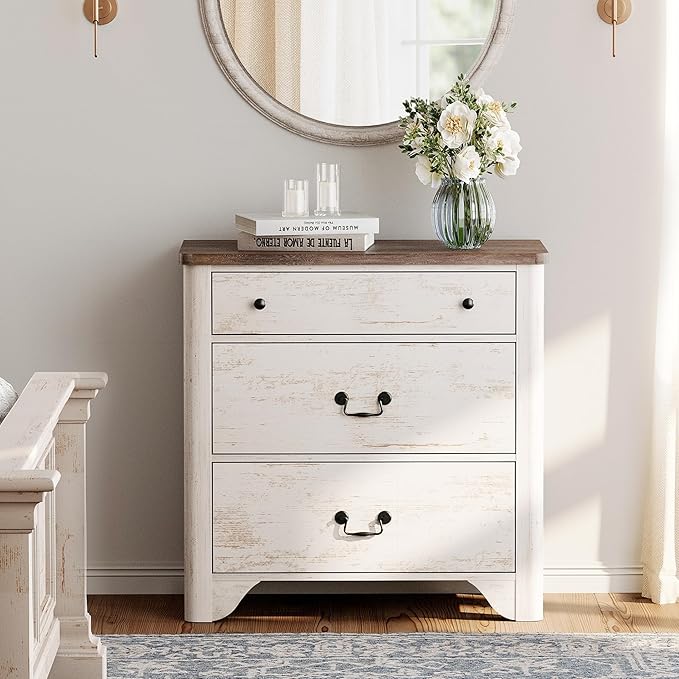 Dresser for Bedroom with 3 Drawers, Rustic White Kids Dressers Wood Chest of Drawers with Curved Profile Design, Mid Century Modern Small Closet Storage Organizer for Nursery, Hallway, Living Room