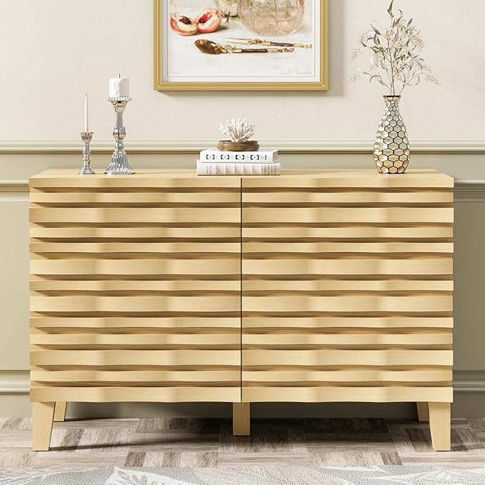 UEV Solid Wood 6 Drawer Dresser for Bedroom, Mid-Century Modern Chest of Drawers with Handmade Rhythmic Arc Line, Boho Style Fluted Dresser for Living Room, Entryway (Ivory White)