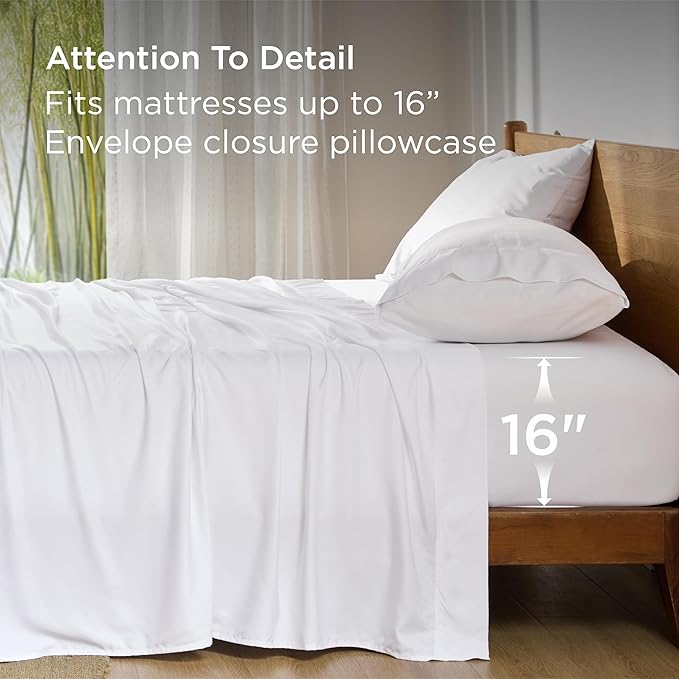 Bedsure Queen Sheet Set, Cooling Sheets for Queen Size Bed Set, Rayon Derived from Bamboo, Breathable & Soft, Deep Pocket Up to 16 Inches, Hotel Luxury Silky Bedding for Hot Sleepers, White