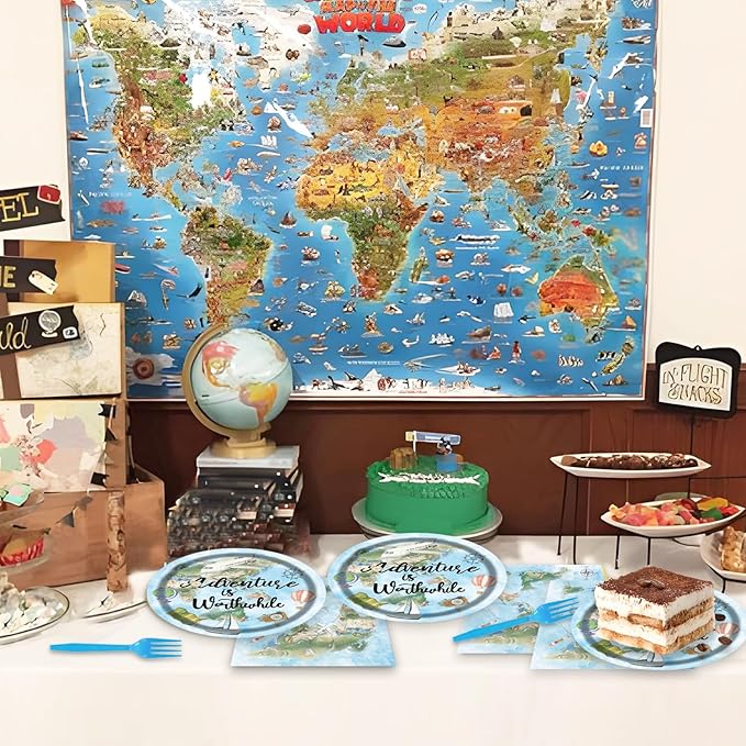 48pcs Adventure World Awaits Map Party Decoration Set,16 Dessert plate,16 Napkin And 16 Fork,16 persons Disposable tableware,Used The Adventure Begin Birthday Party Supplies