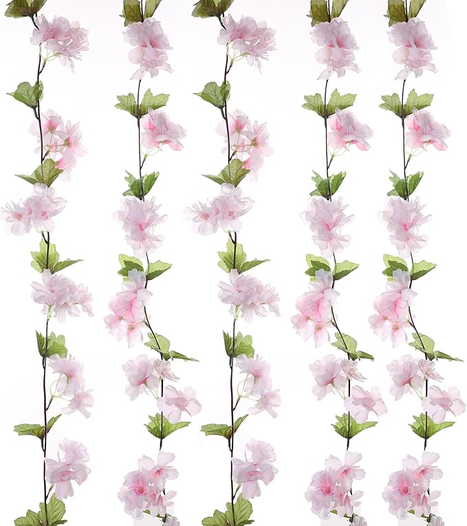 2Pcs Artificial Cherry Blossom Flower Garland Silk Fake Hanging Flower Vines for Home Wedding Decoration 7.2FT, Light Pink