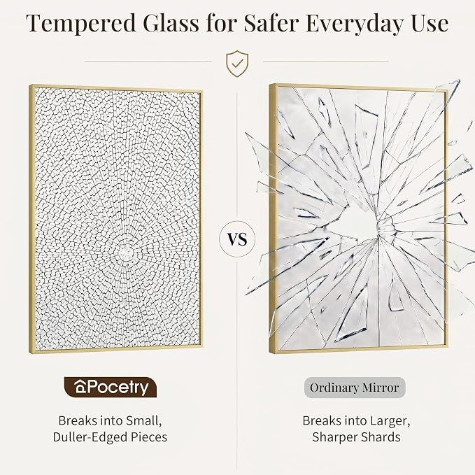 24"x36" Gold Bathroom Mirror for Wall, Shatterproof Tempered Glass, Champagne Gold Tone Rectangle Narrow Frame, H/V Wall-Mounted, Ultra-Flush