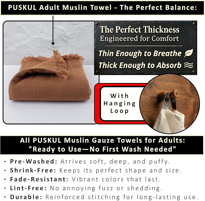 PÜSKÜL - Premium 2-Piece Oversized Muslin Bath Towel for Adult 35x70 Extra Large Bath Sheets | Natural 100% Turkish Cotton Soft Absorbent Quick-Dry Light Spa & Beach Towels (Pack of 2, Rust Brown)