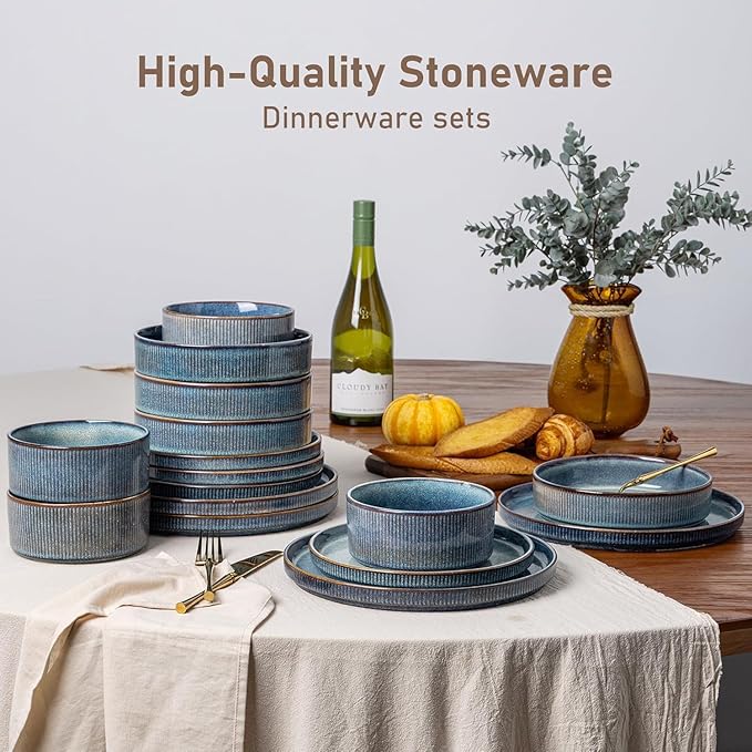 GBHOME 12-Piece Stoneware Dinnerware Set for 4 – Ribbed Ceramic Plates and Bowls, Scratch-Resistant, Microwave & Dishwasher Safe, Reactive Glaze, Ceylon Blue