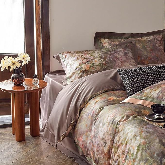 VM VOUGEMARKET Painting Flower Duvet Cover King Smooth Long Staple Cotton Bedding Duvet Cover with Pink Floral Pattern Garden Cottage Botanical Comforter Cover for Spring Summer
