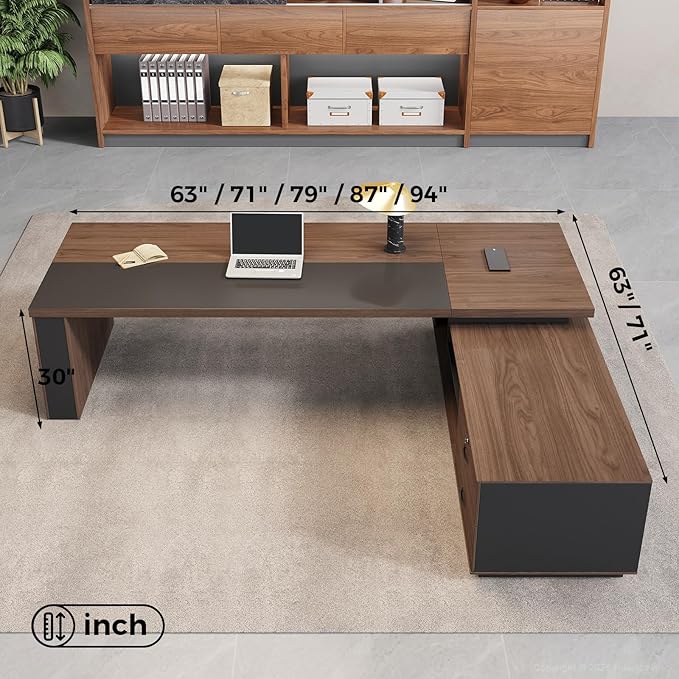 L-Shaped Executive Desk with LED Lights, Lockable Storage & 3-in-1 Charging Station, Reversible Cabinet, Modern Wood Office Desk for CEO, Manager & Home Office(Red Walnut+Black, 71"L*63"W*30"H)