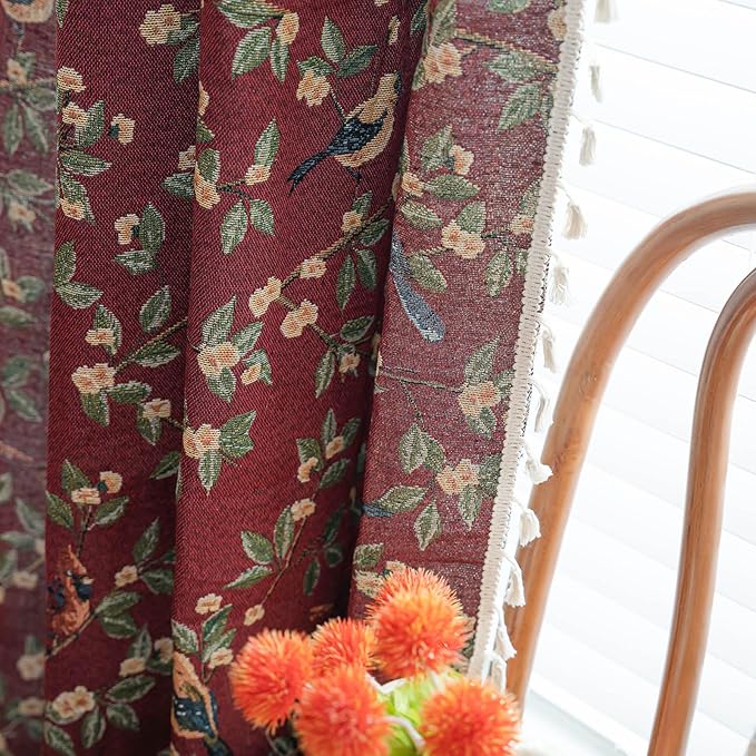ENJOYBRIDAL Floral 84 Inch Curtains for Living Room Maroon Drapes Bird Pattern Jacquard Rod Pocket Window Curtain Panels Bedroom Farmhouse Decor Boho Tassel Semi Blackout 2 Panels Window Treatments