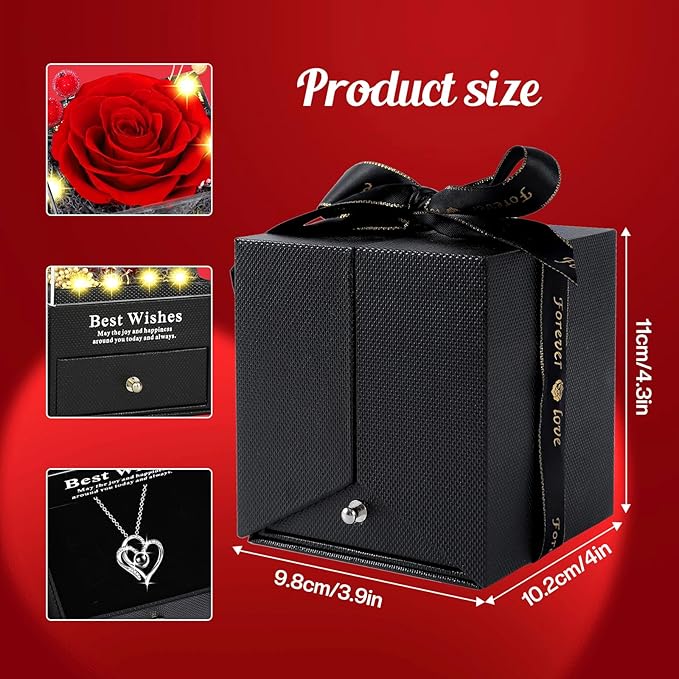 Christmas Birthday Gifts for Women - Preserved Real Rose with I Love You Heart 100-Language Necklace, LED Lights & Music Gift Box, Christmas for Women Girlfriend Mom